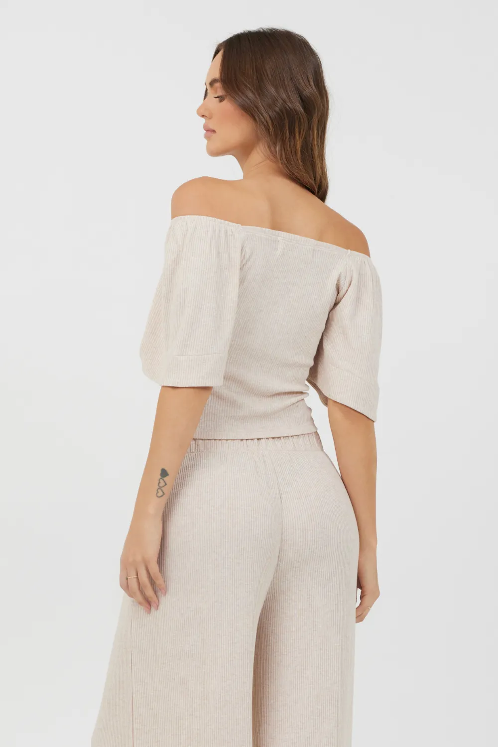 Heather Oatmeal Drapey Knit Puff Sleeve Top