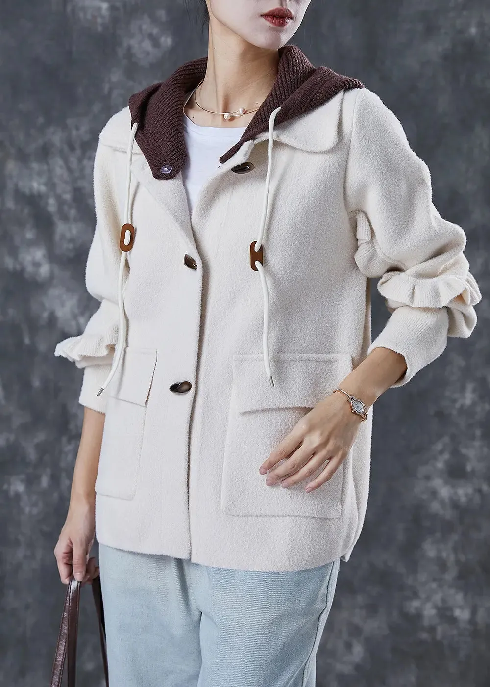 Hooded Ruffled Woolen Coats Spring