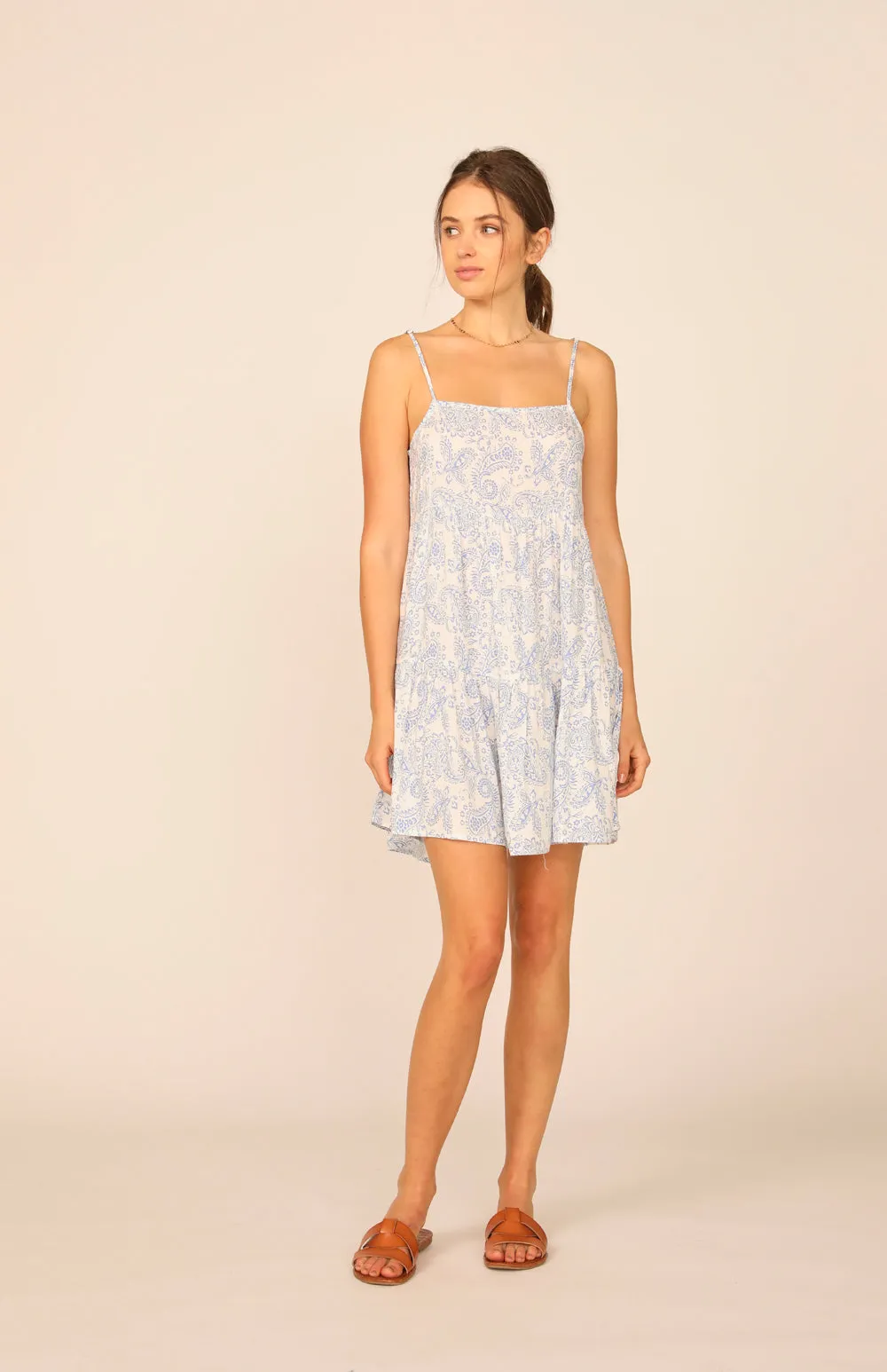 Ivory / Denim Paisley Print Tiered Ruffle Dress