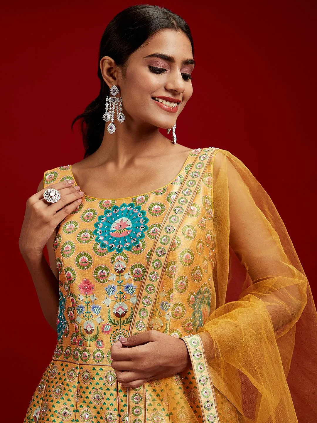 Jashvi Art Yellow Printed Silk Gown With Dupatta