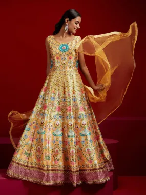 Jashvi Art Yellow Printed Silk Gown With Dupatta