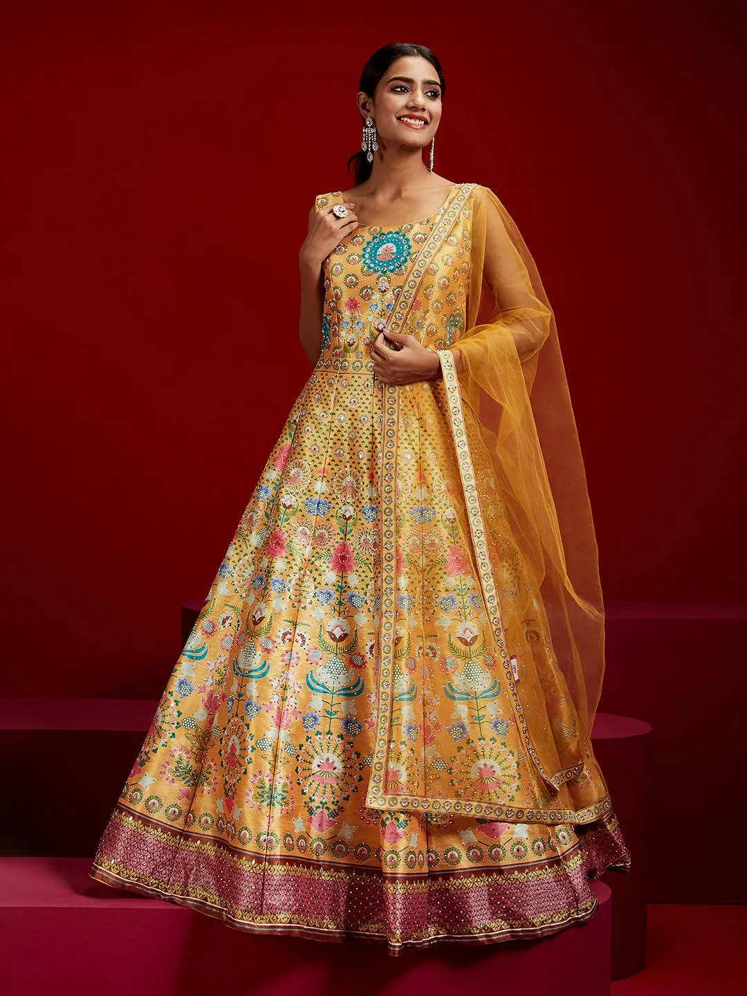 Jashvi Art Yellow Printed Silk Gown With Dupatta