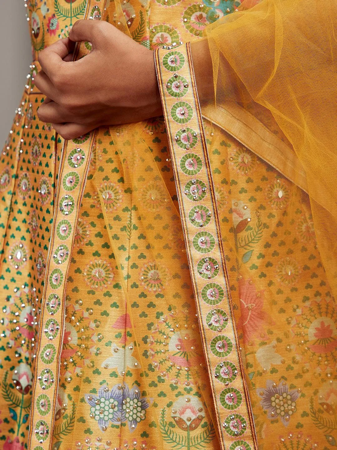 Jashvi Art Yellow Printed Silk Gown With Dupatta