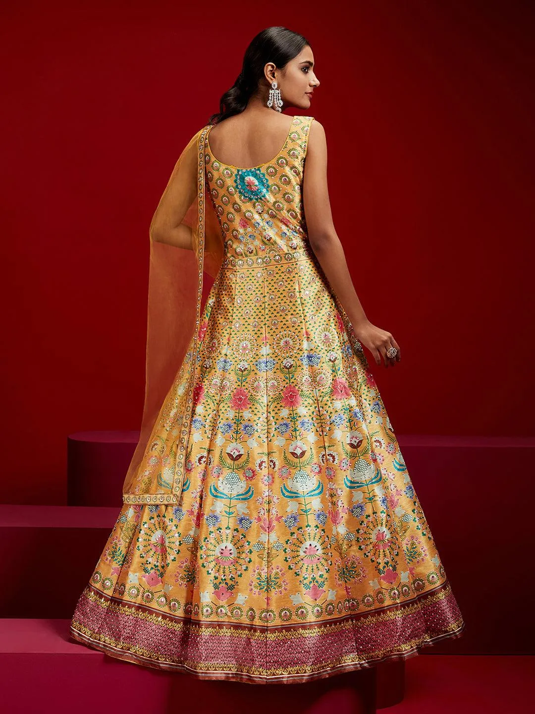 Jashvi Art Yellow Printed Silk Gown With Dupatta