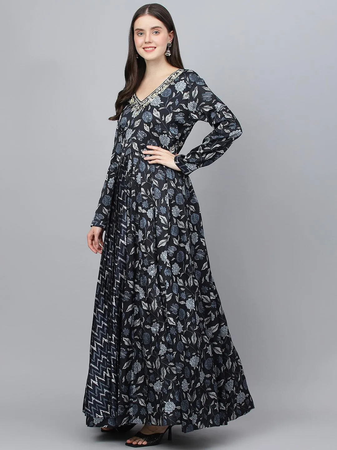 Jashvi Black Floral Printed Gaji Silk Flared Gown