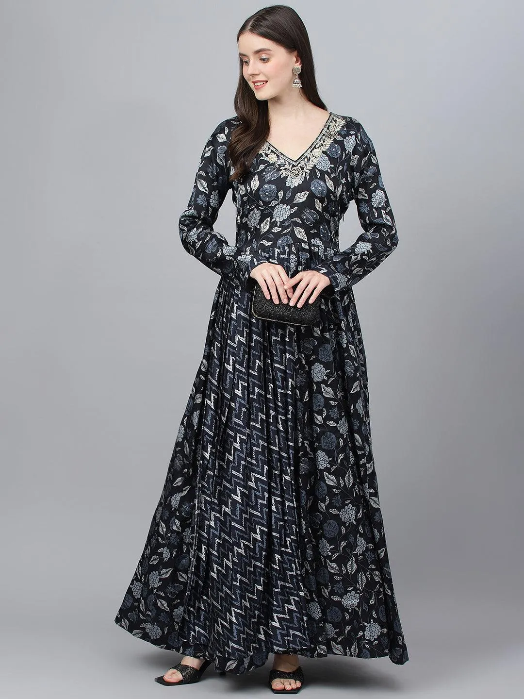 Jashvi Black Floral Printed Gaji Silk Flared Gown