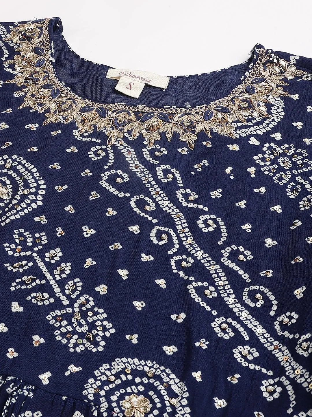 Jashvi Navy Blue bandhani Printed Muslin Zari work Drape style Flared Gown