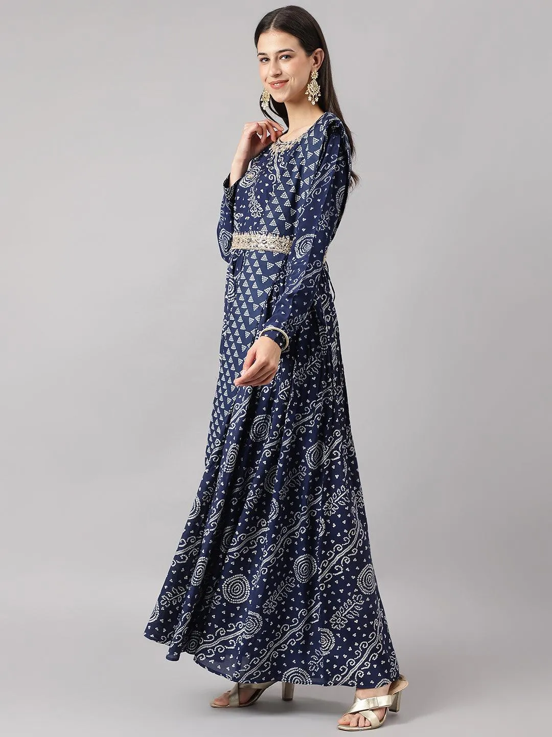 Jashvi Navy Blue bandhani Printed Muslin Zari work Drape style Flared Gown