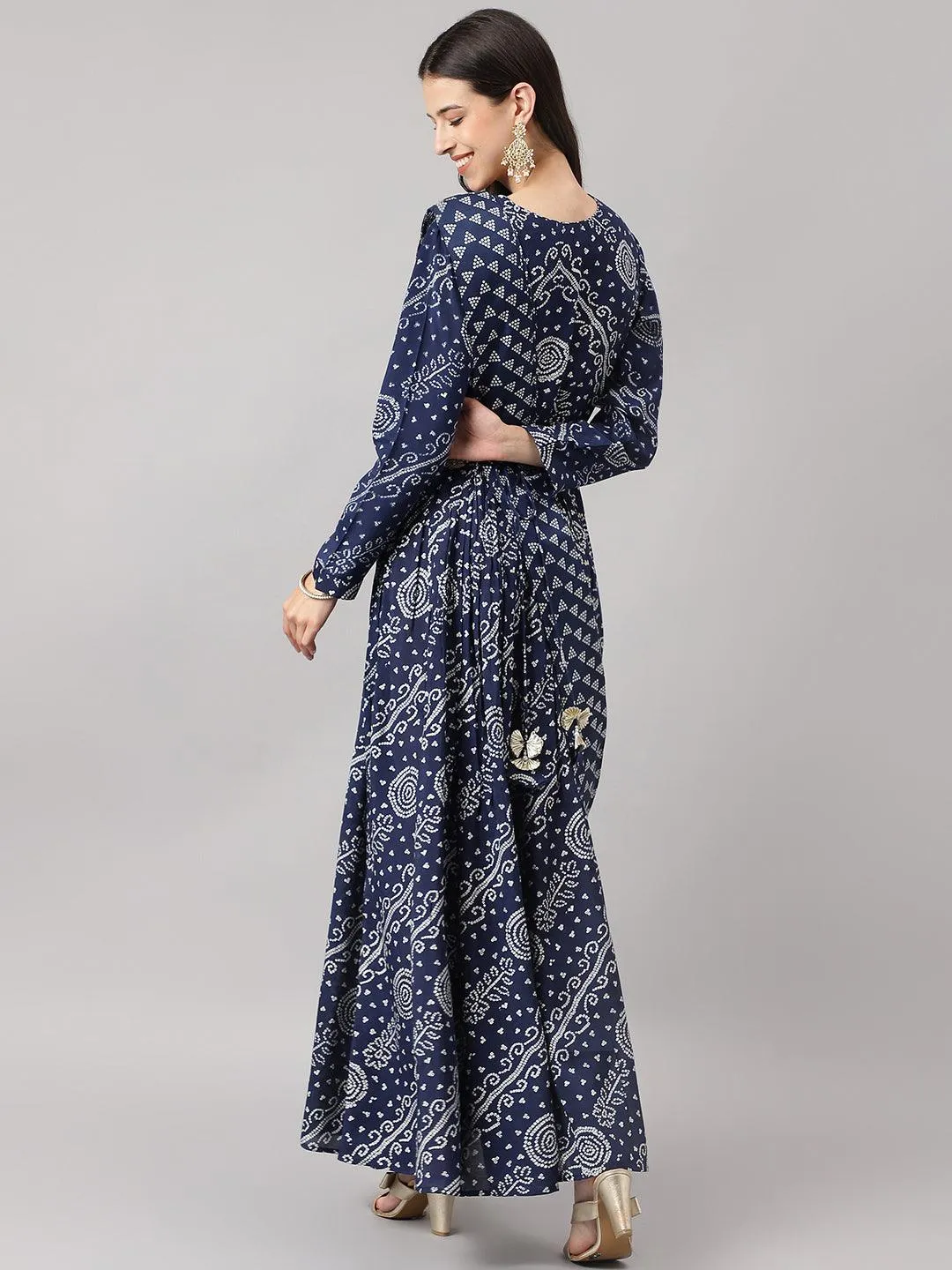 Jashvi Navy Blue bandhani Printed Muslin Zari work Drape style Flared Gown