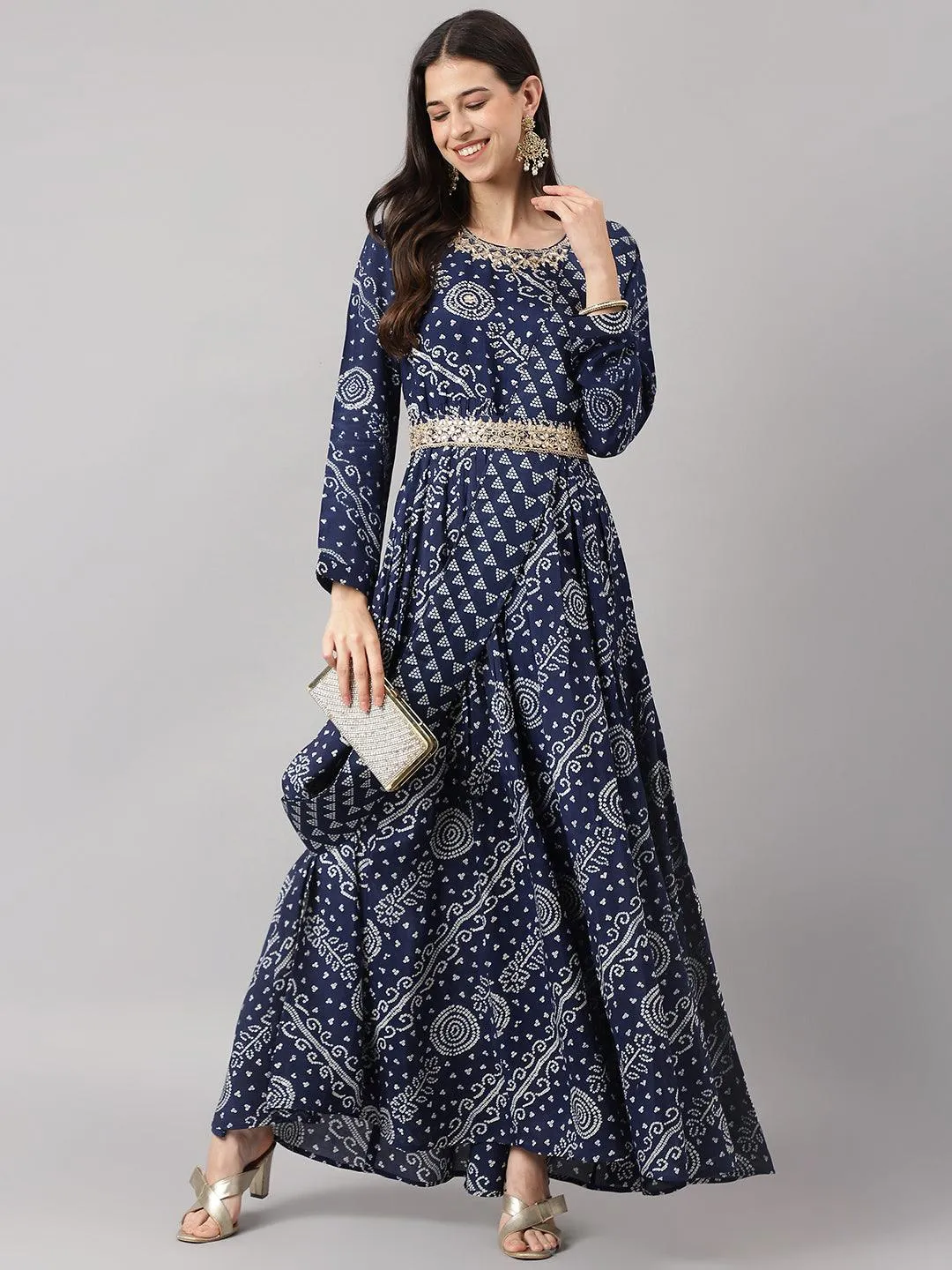 Jashvi Navy Blue bandhani Printed Muslin Zari work Drape style Flared Gown