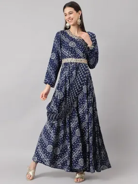 Jashvi Navy Blue bandhani Printed Muslin Zari work Drape style Flared Gown