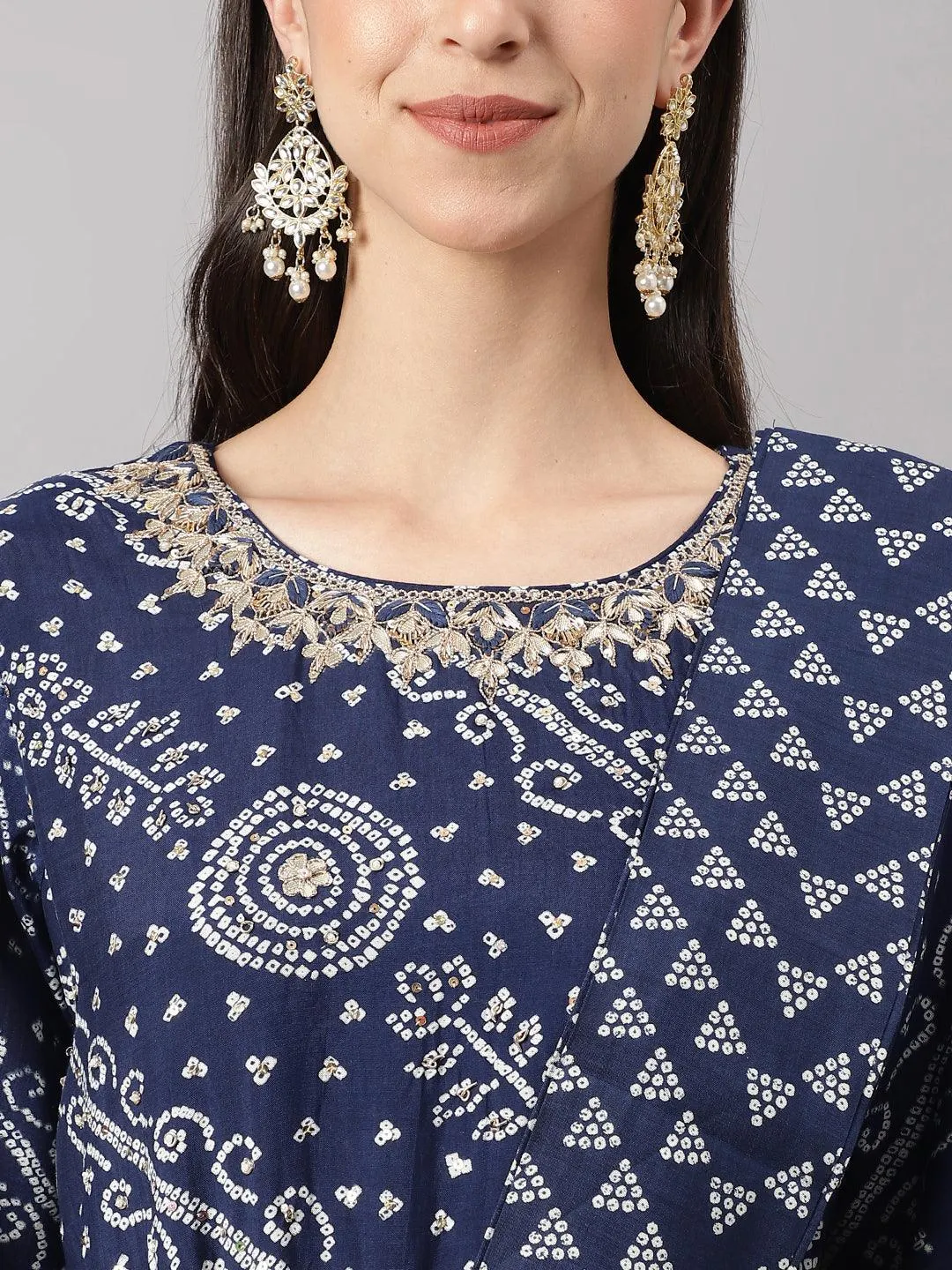 Jashvi Navy Blue bandhani Printed Muslin Zari work Drape style Flared Gown