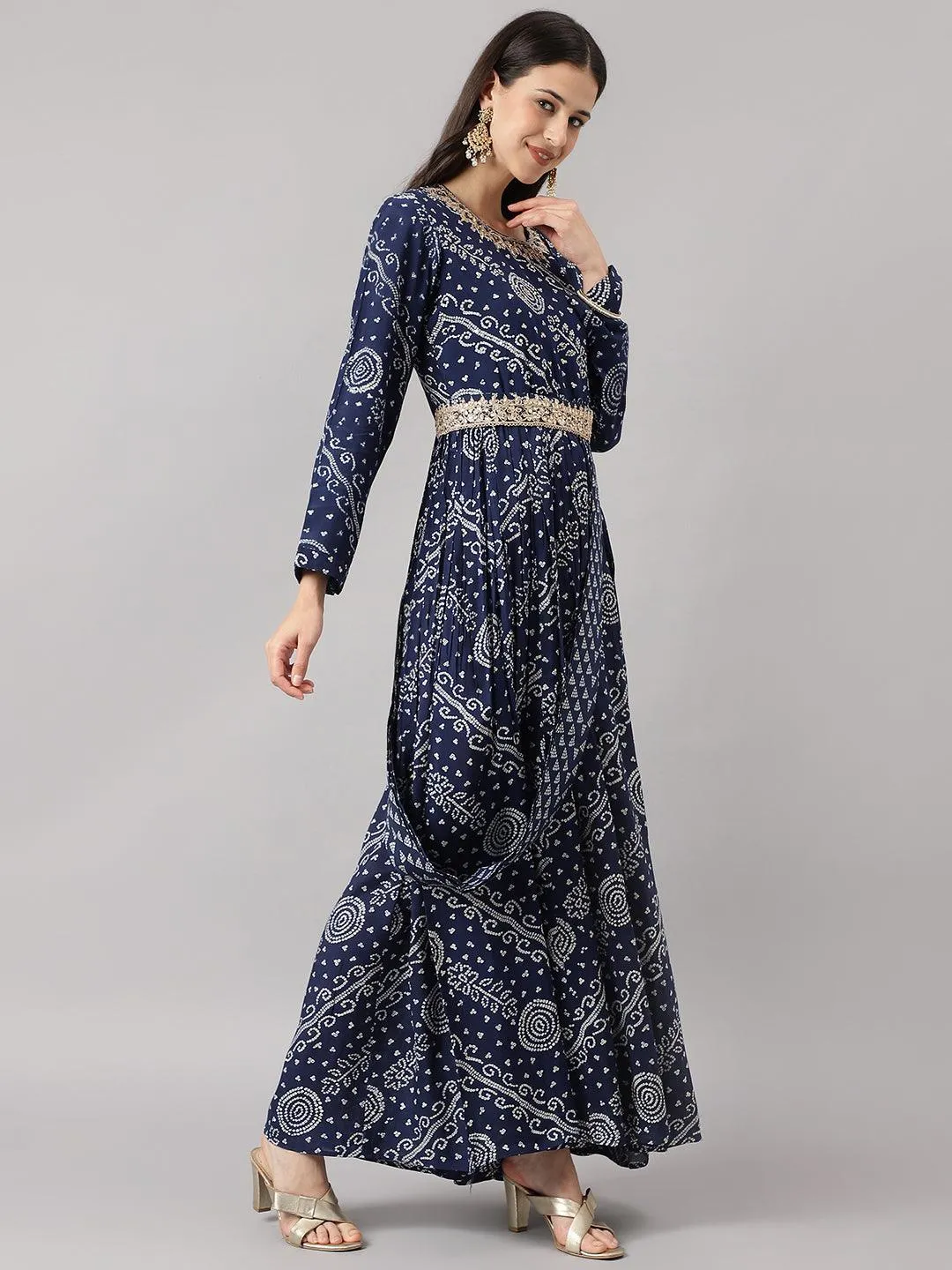 Jashvi Navy Blue bandhani Printed Muslin Zari work Drape style Flared Gown