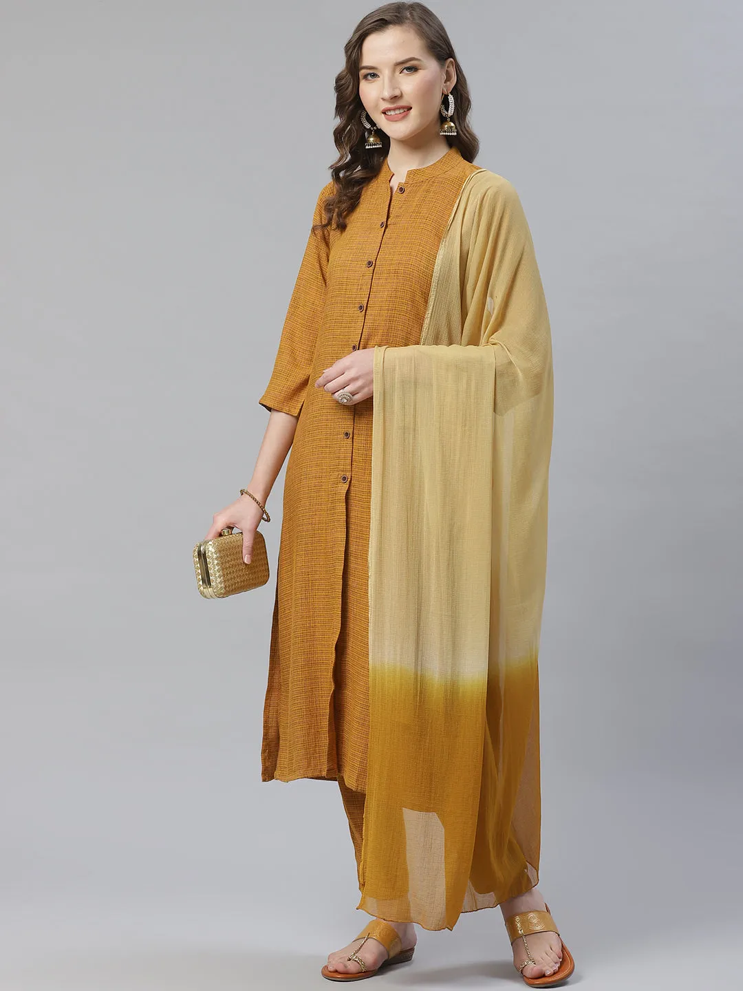 Jashvi Women Mustard & Beige Self Checked Kurta with Trousers & Dupatta