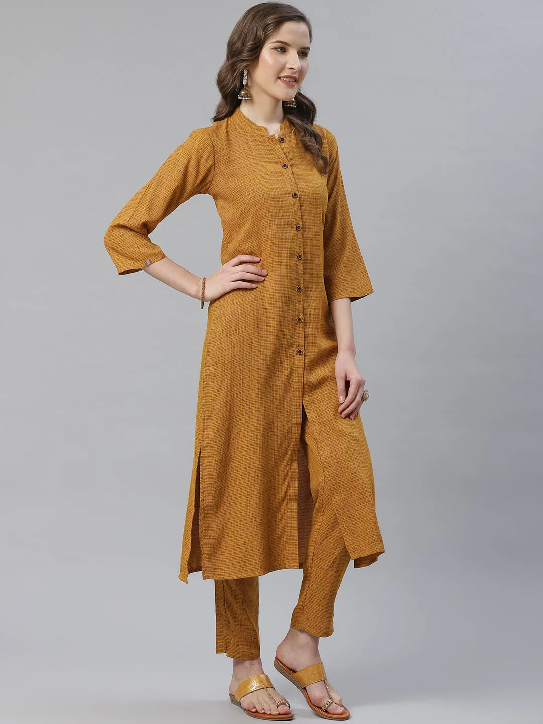 Jashvi Women Mustard & Beige Self Checked Kurta with Trousers & Dupatta