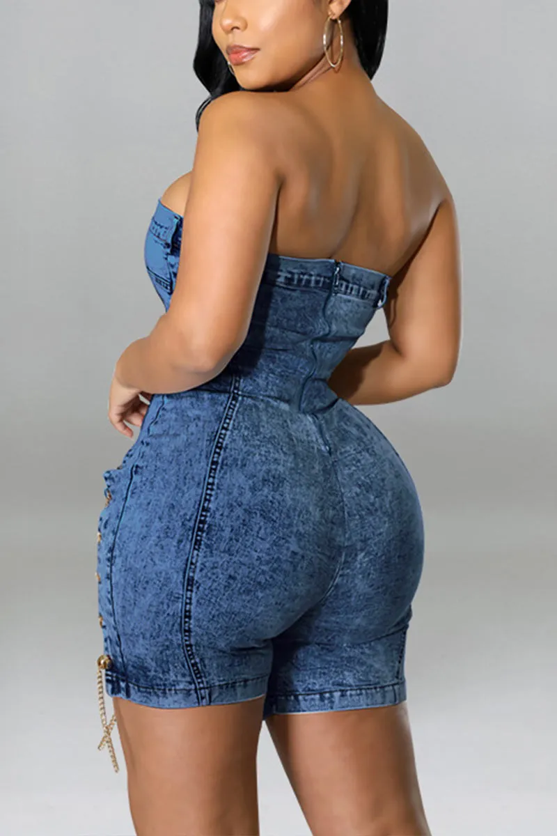 JN0315 Strapless Denim Rompers