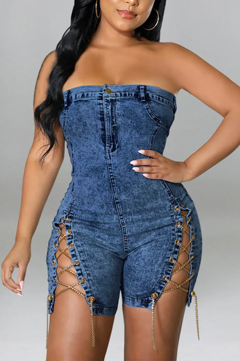 JN0315 Strapless Denim Rompers