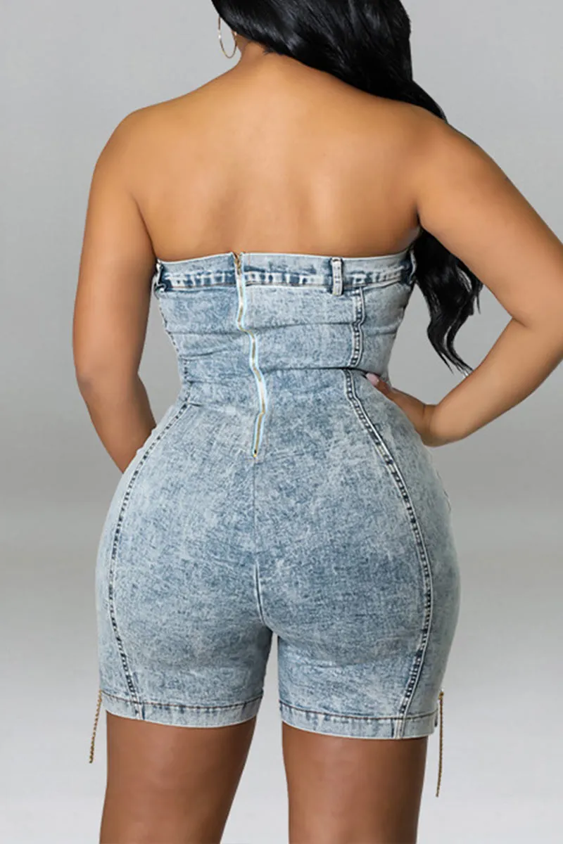 JN0315 Strapless Denim Rompers