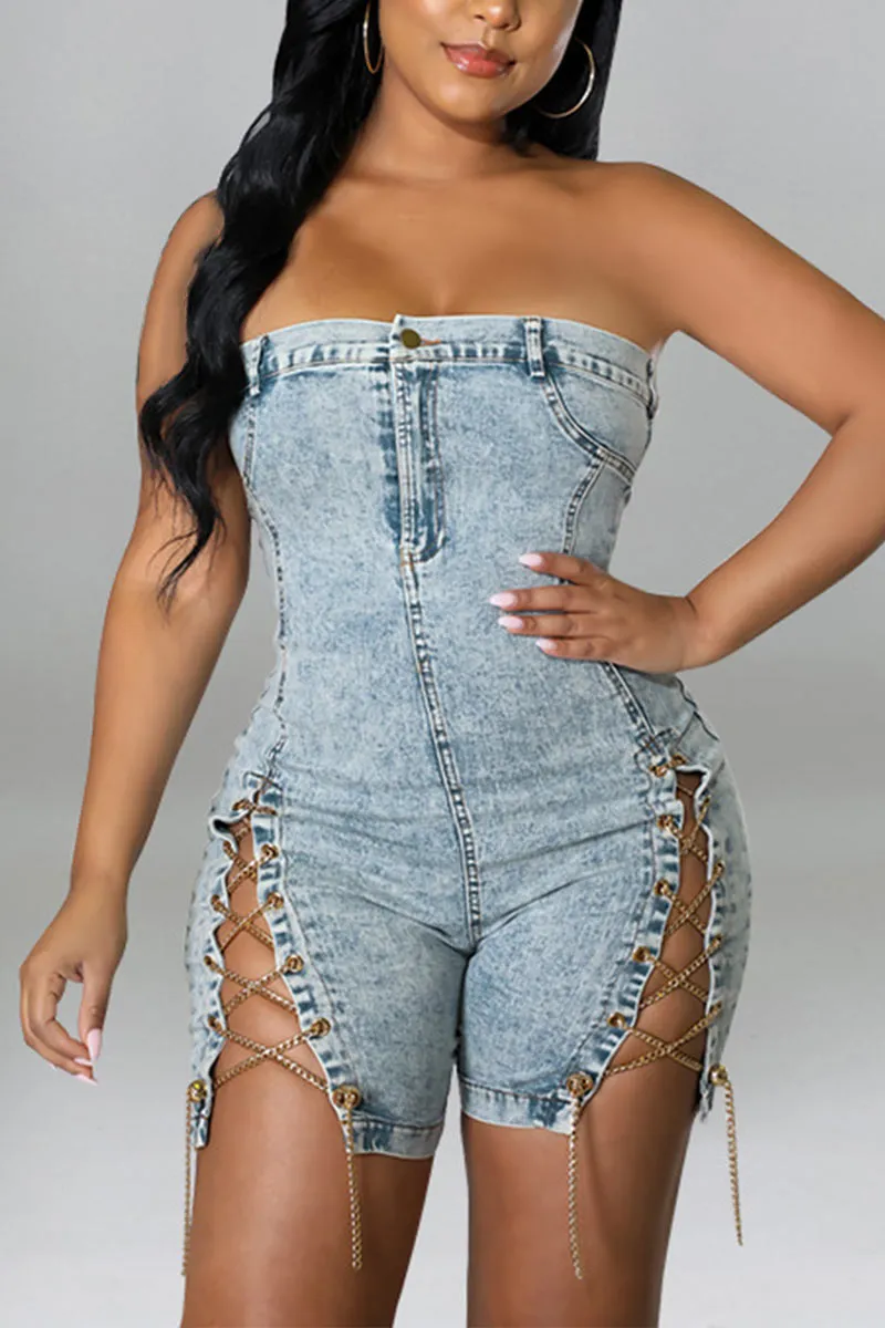 JN0315 Strapless Denim Rompers