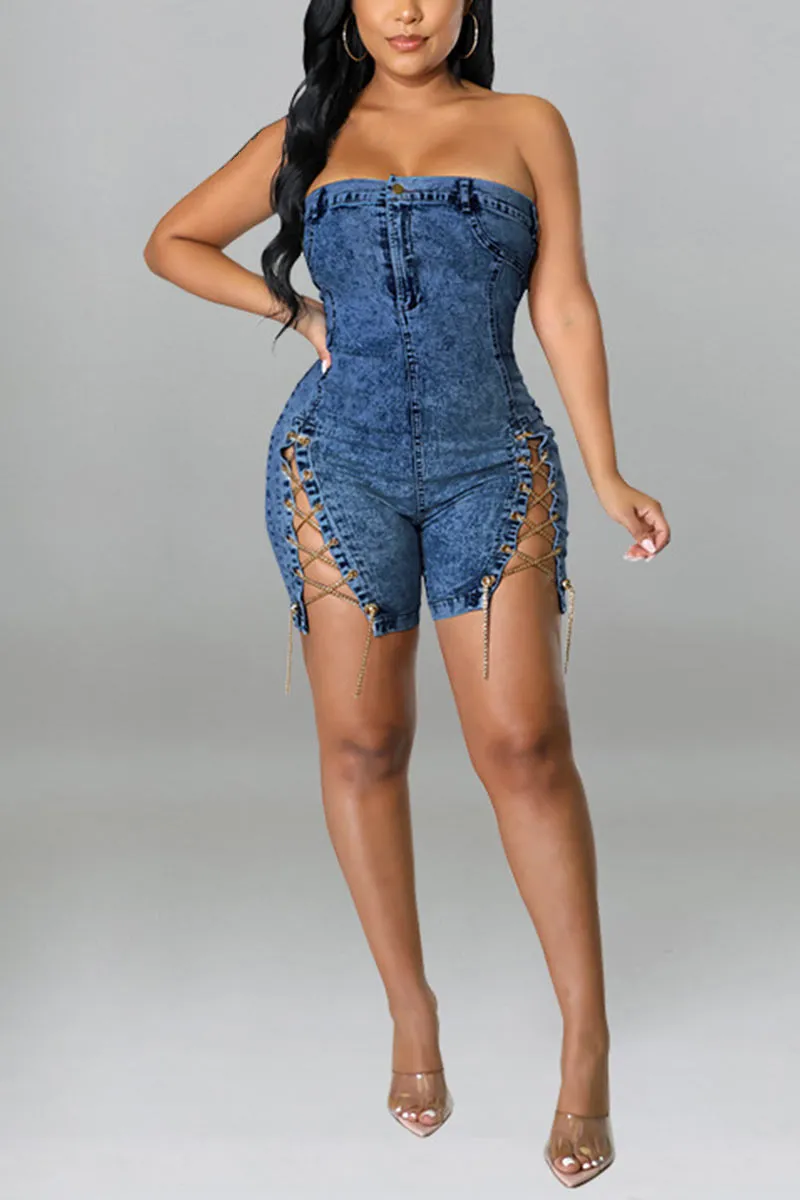 JN0315 Strapless Denim Rompers