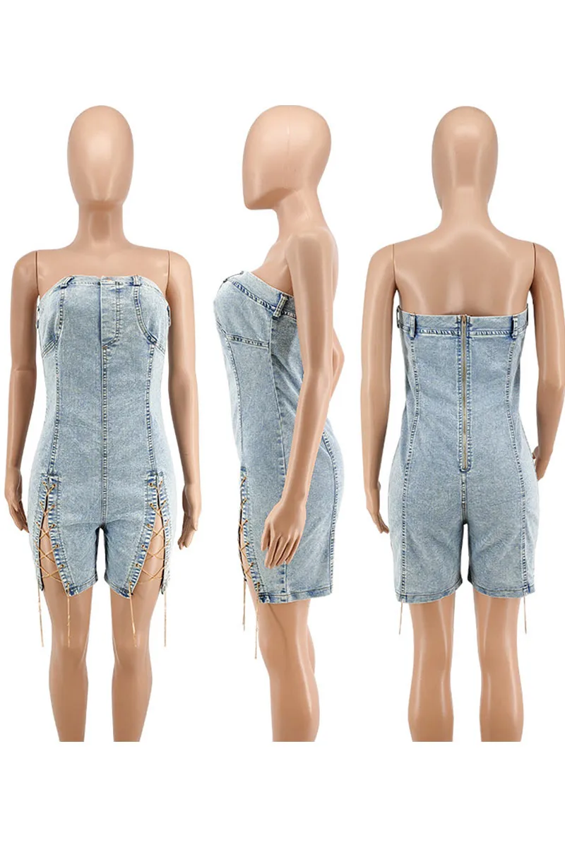 JN0315 Strapless Denim Rompers