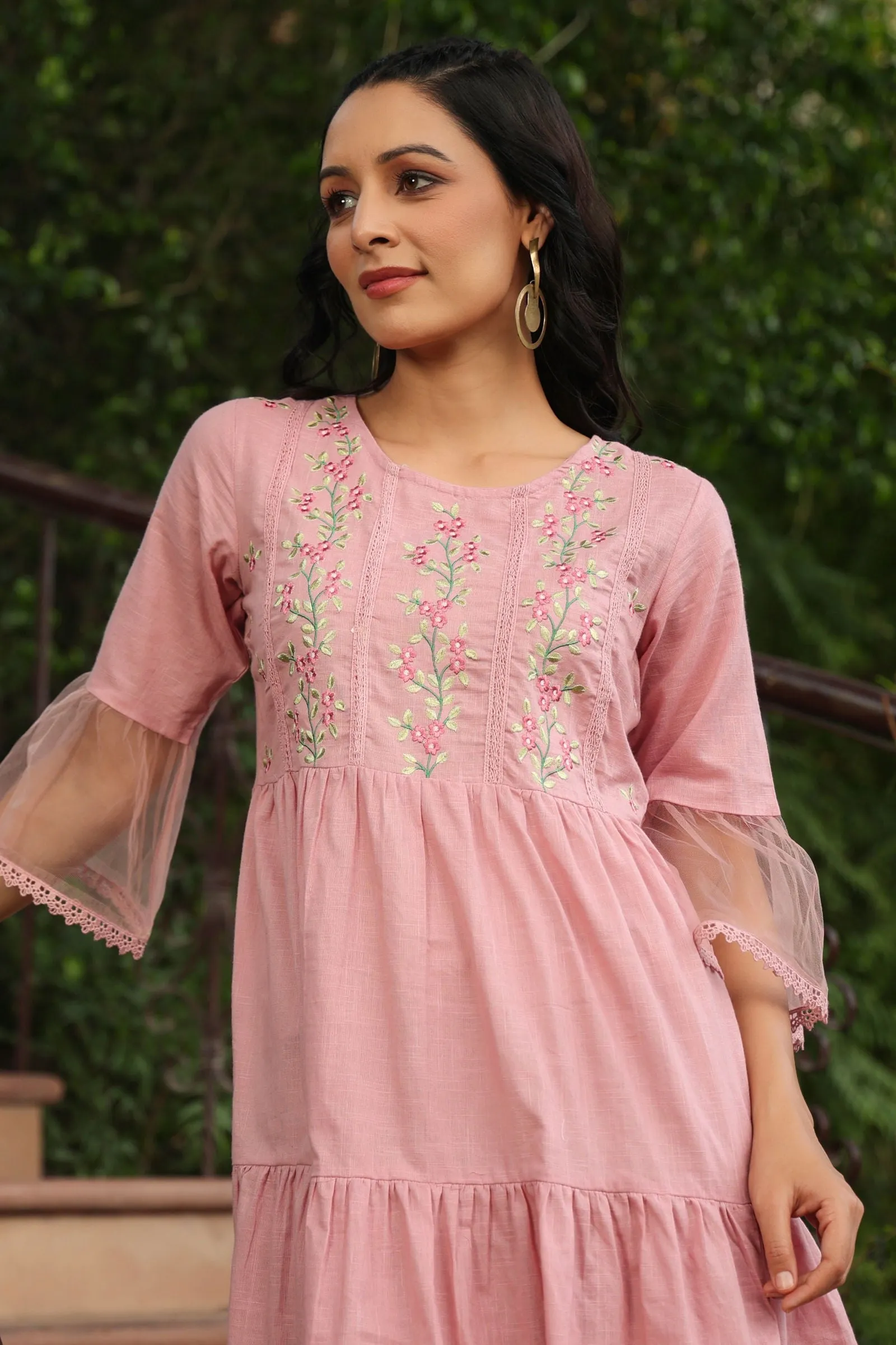 Juniper Blush Pink Floral Printed Cotton Slub Tiered Short Dress With Thread Work Embroidery