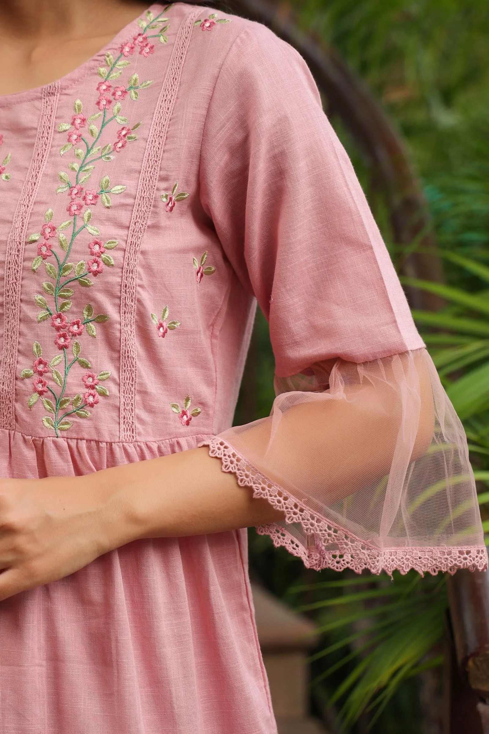 Juniper Blush Pink Floral Printed Cotton Slub Tiered Short Dress With Thread Work Embroidery