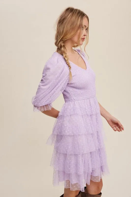 Lavender Tiered Ruffle Smocked V-neck Polka Dot Mesh Dress