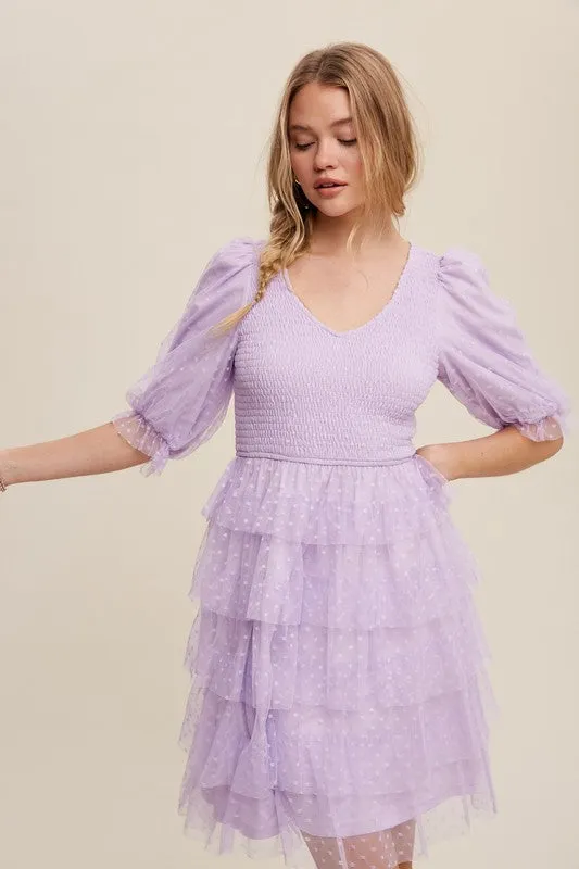 Lavender Tiered Ruffle Smocked V-neck Polka Dot Mesh Dress