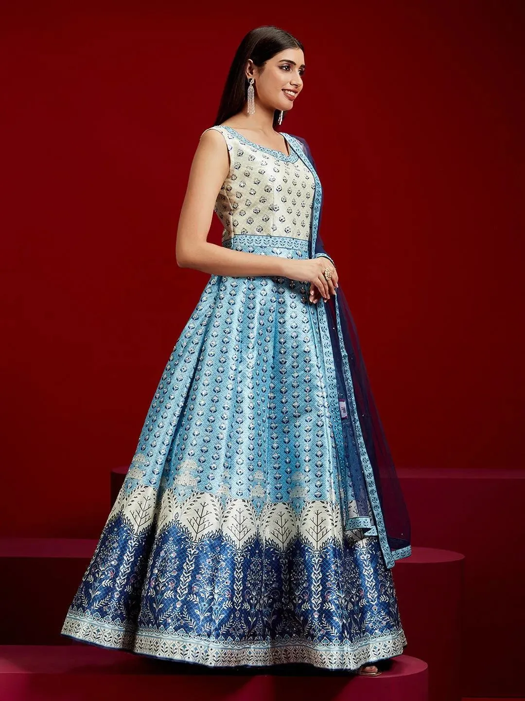 Libas Art Blue Printed Silk Gown With Dupatta