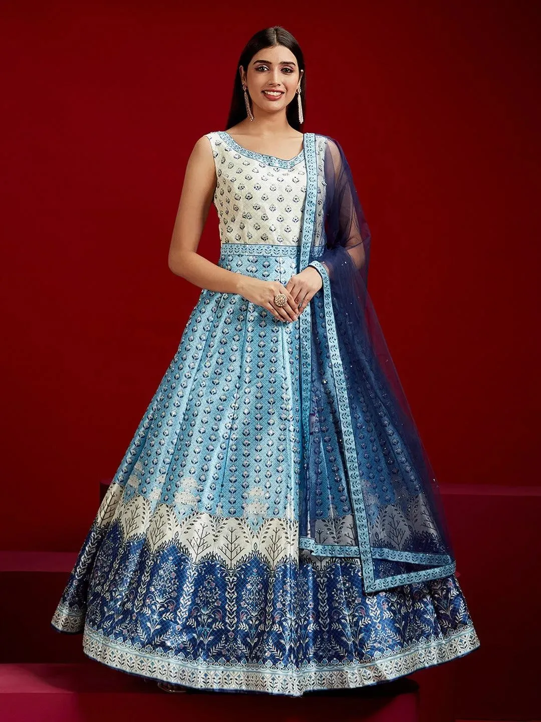 Libas Art Blue Printed Silk Gown With Dupatta