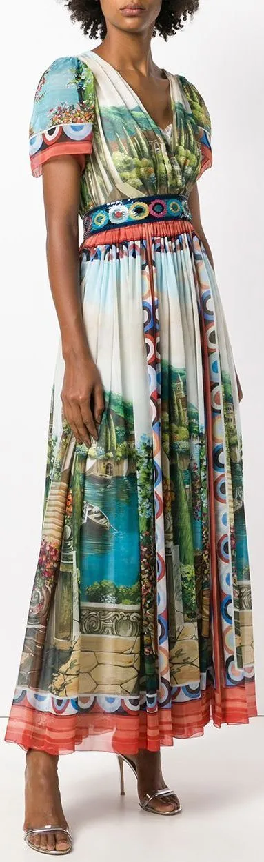 Long Printed Flared Dress