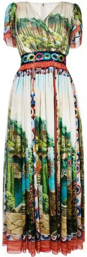 Long Printed Flared Dress