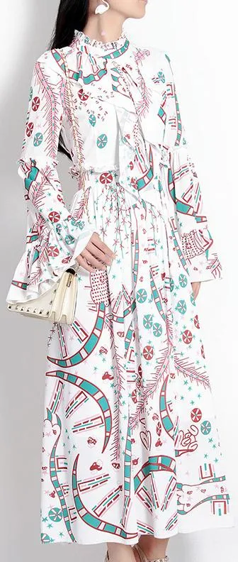 Long Ruffled Flared-Sleeve Print-Dress