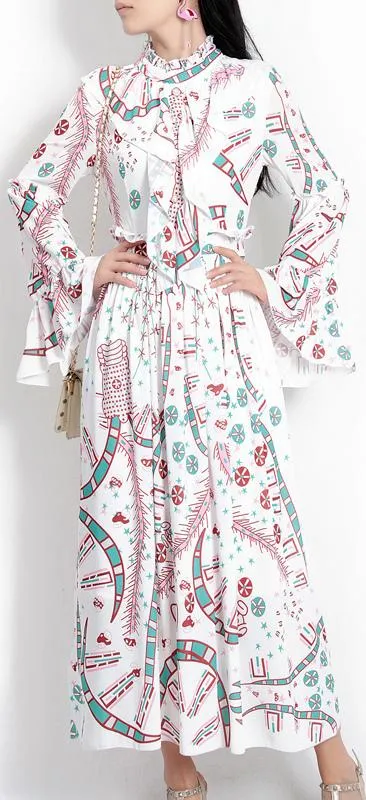 Long Ruffled Flared-Sleeve Print-Dress