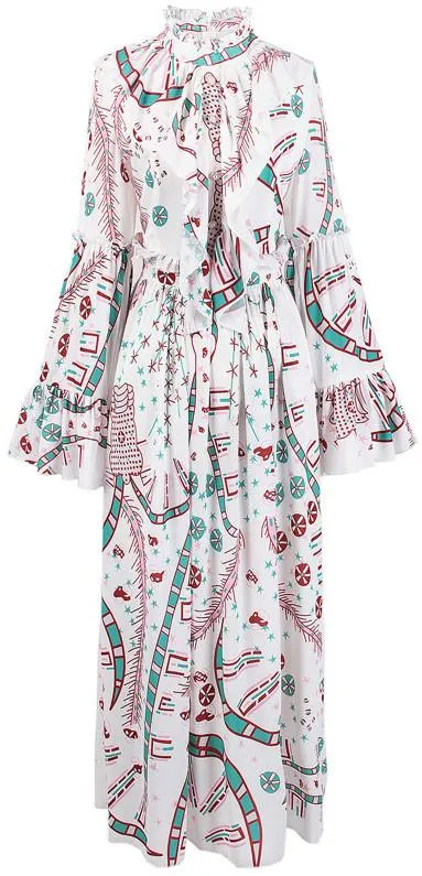 Long Ruffled Flared-Sleeve Print-Dress