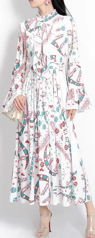 Long Ruffled Flared-Sleeve Print-Dress