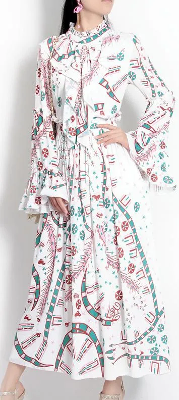 Long Ruffled Flared-Sleeve Print-Dress