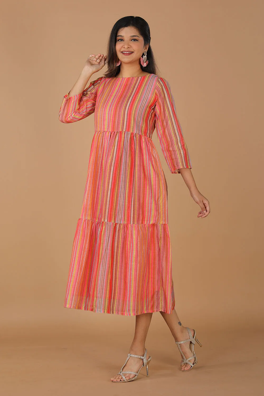 Long striped summer dress in chanderi