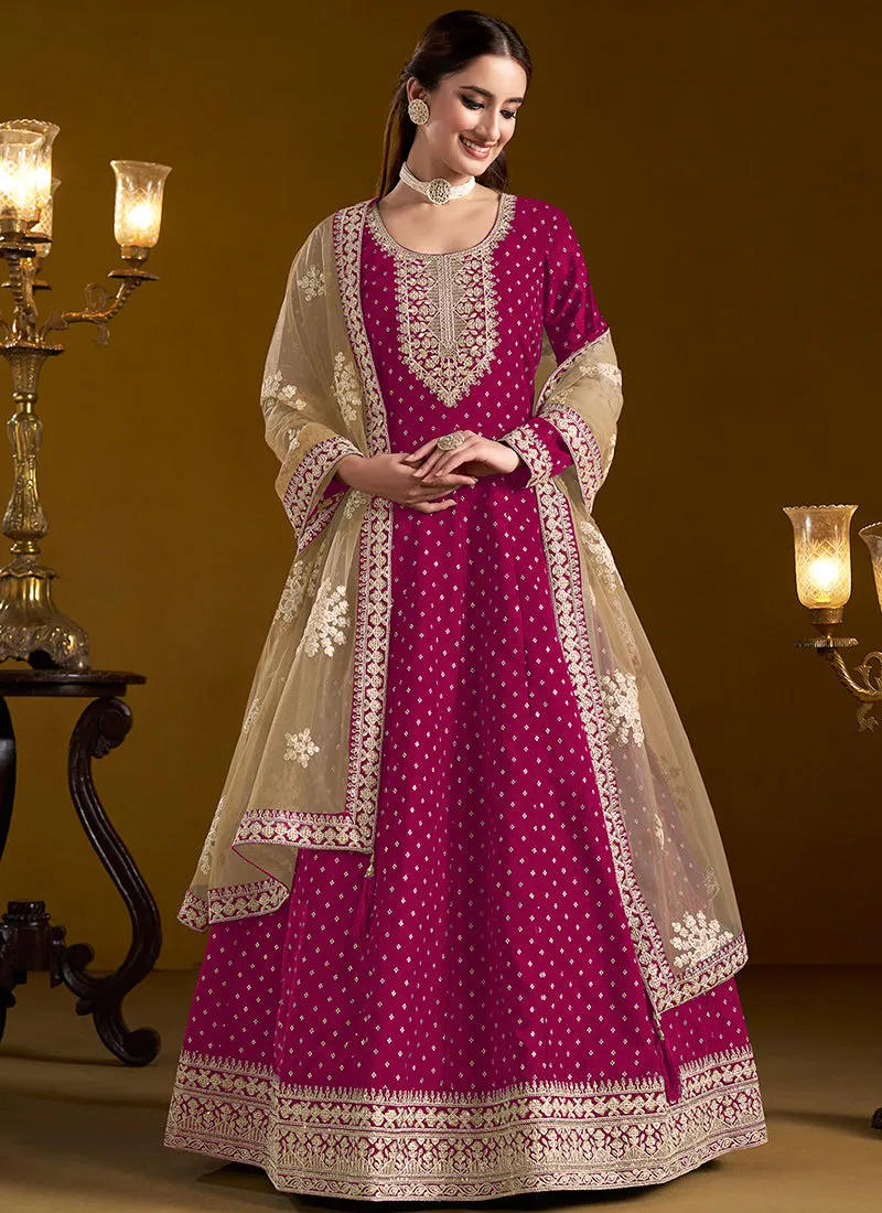 Magenta Pink Embroidered Silk Anarkali Suit