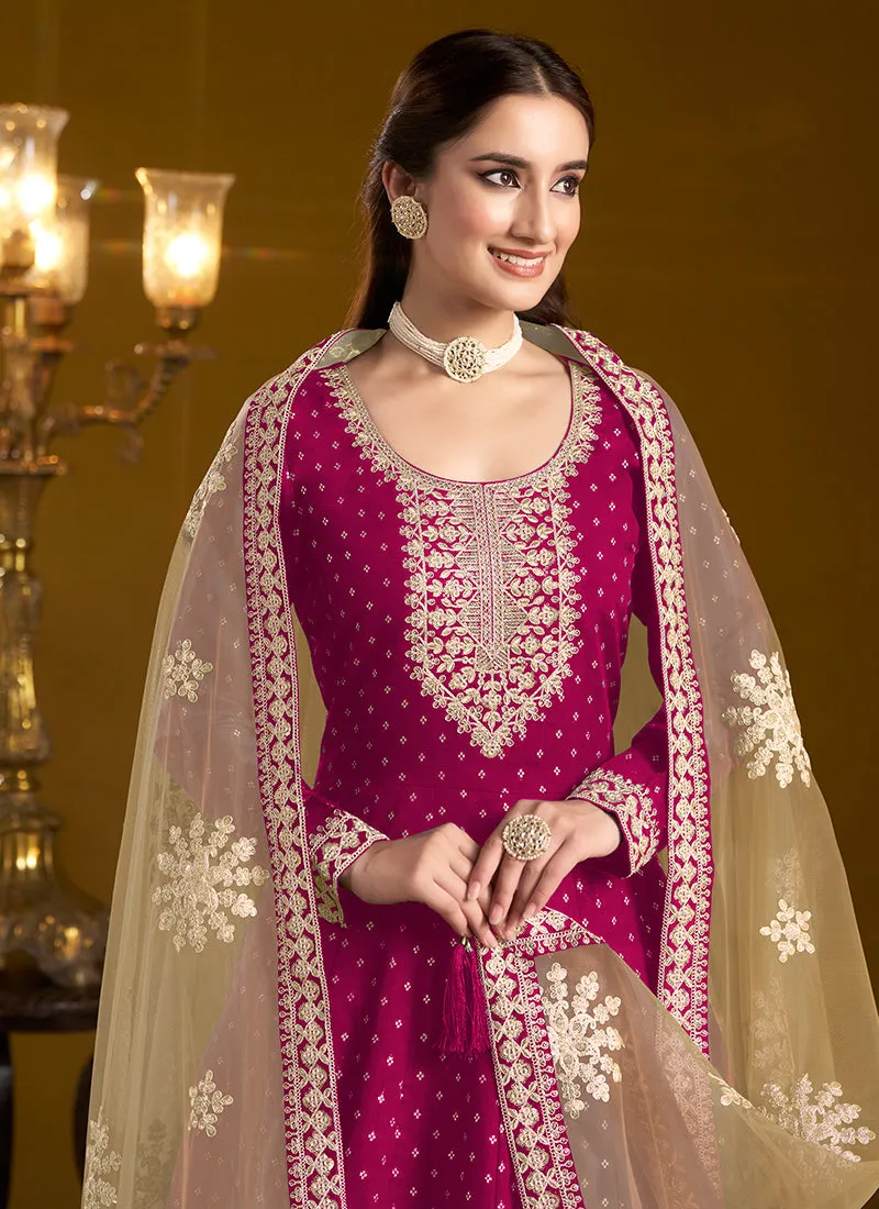 Magenta Pink Embroidered Silk Anarkali Suit