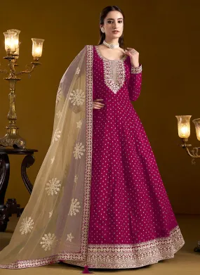 Magenta Pink Embroidered Silk Anarkali Suit