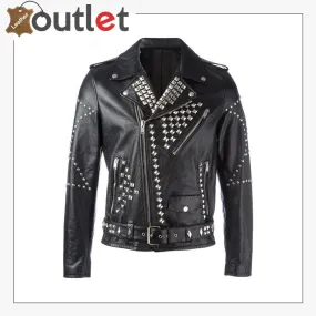 Men Classic Sliver Studded Leather Motorcycle Jacket