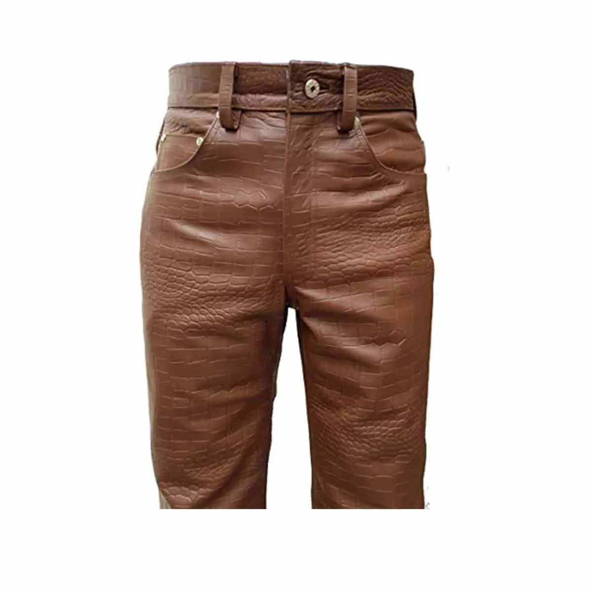 Men Crocodile Print 501 Style Brown Leather Jeans Pants Trouser Bikers Club-501