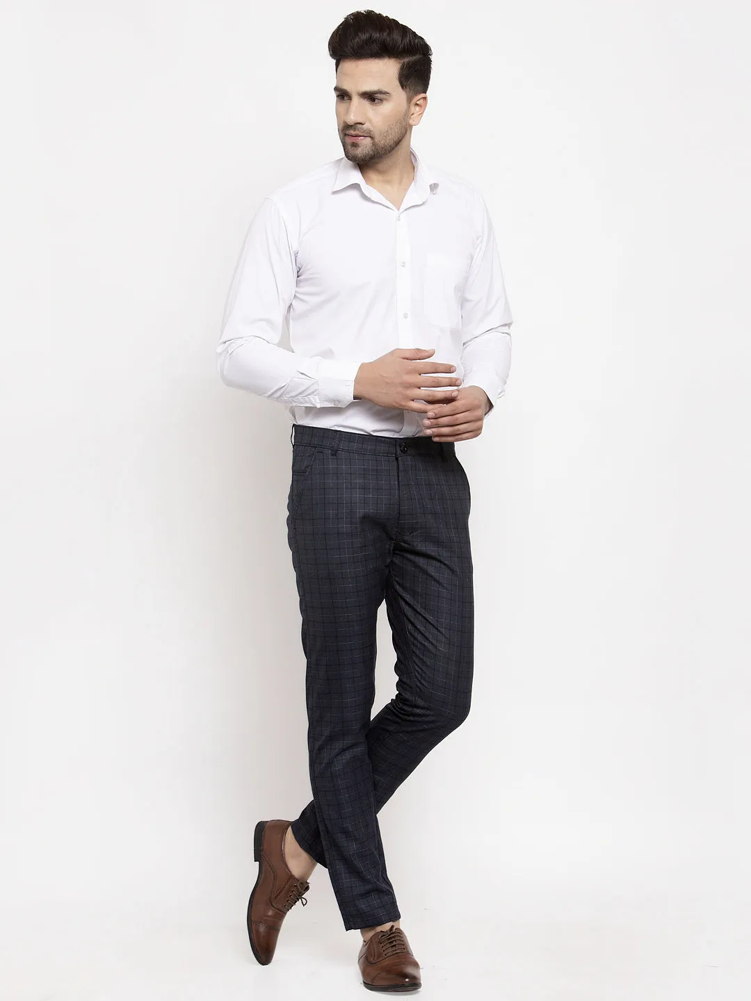 Men's Black Cotton Checked Formal Trousers ( GP 259Black ) - Jainish