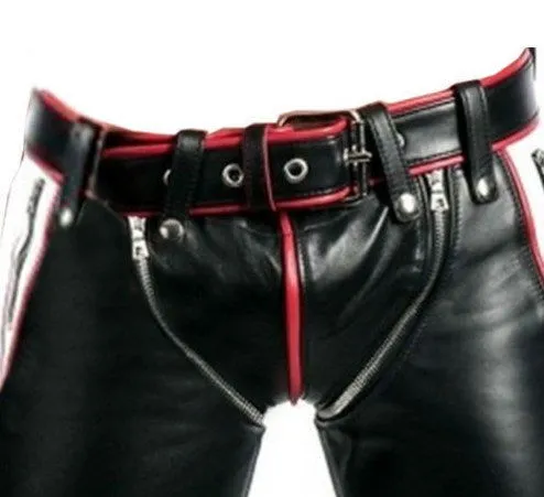 Mens Bondage Trousers Black Red White Leather Heavy Duty