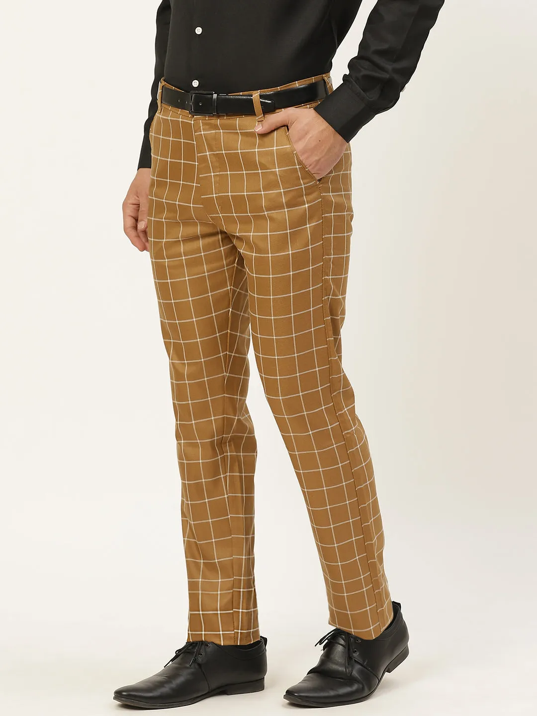 Men's Cotton Blend Khaki & Offwhite Checked Formal Trousers - Sojanya