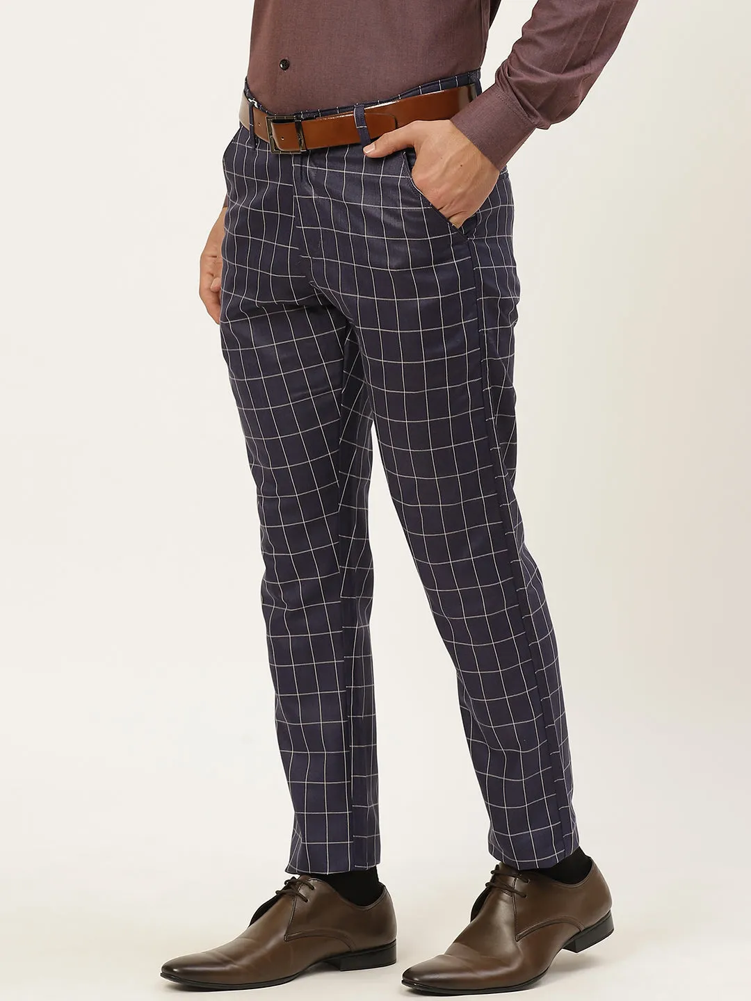 Men's Cotton Blend Navy Blue & Red Checked Formal Trousers - Sojanya