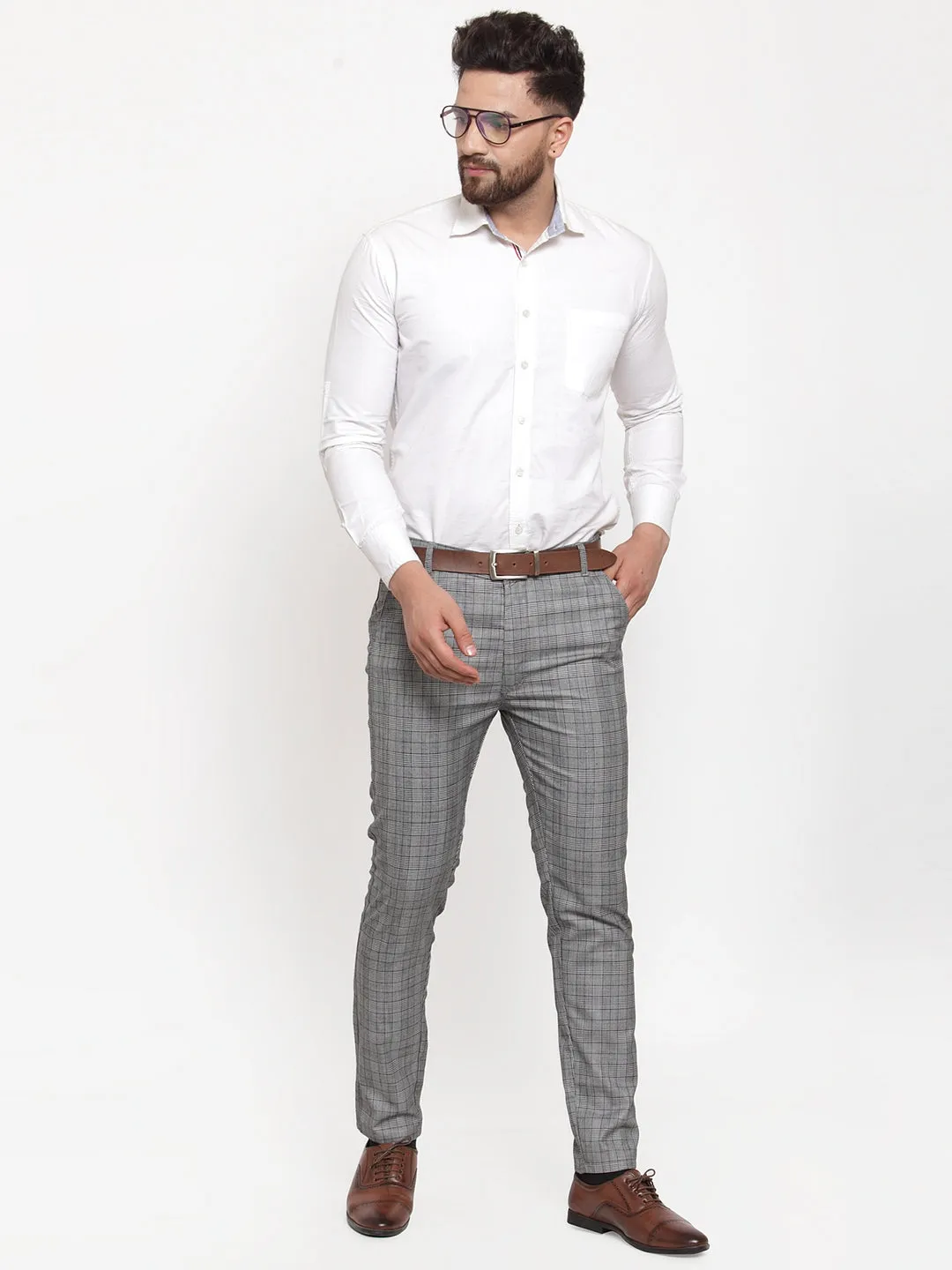 Men's Grey Checked Formal Trousers ( GP 254Light-Grey ) - Jainish