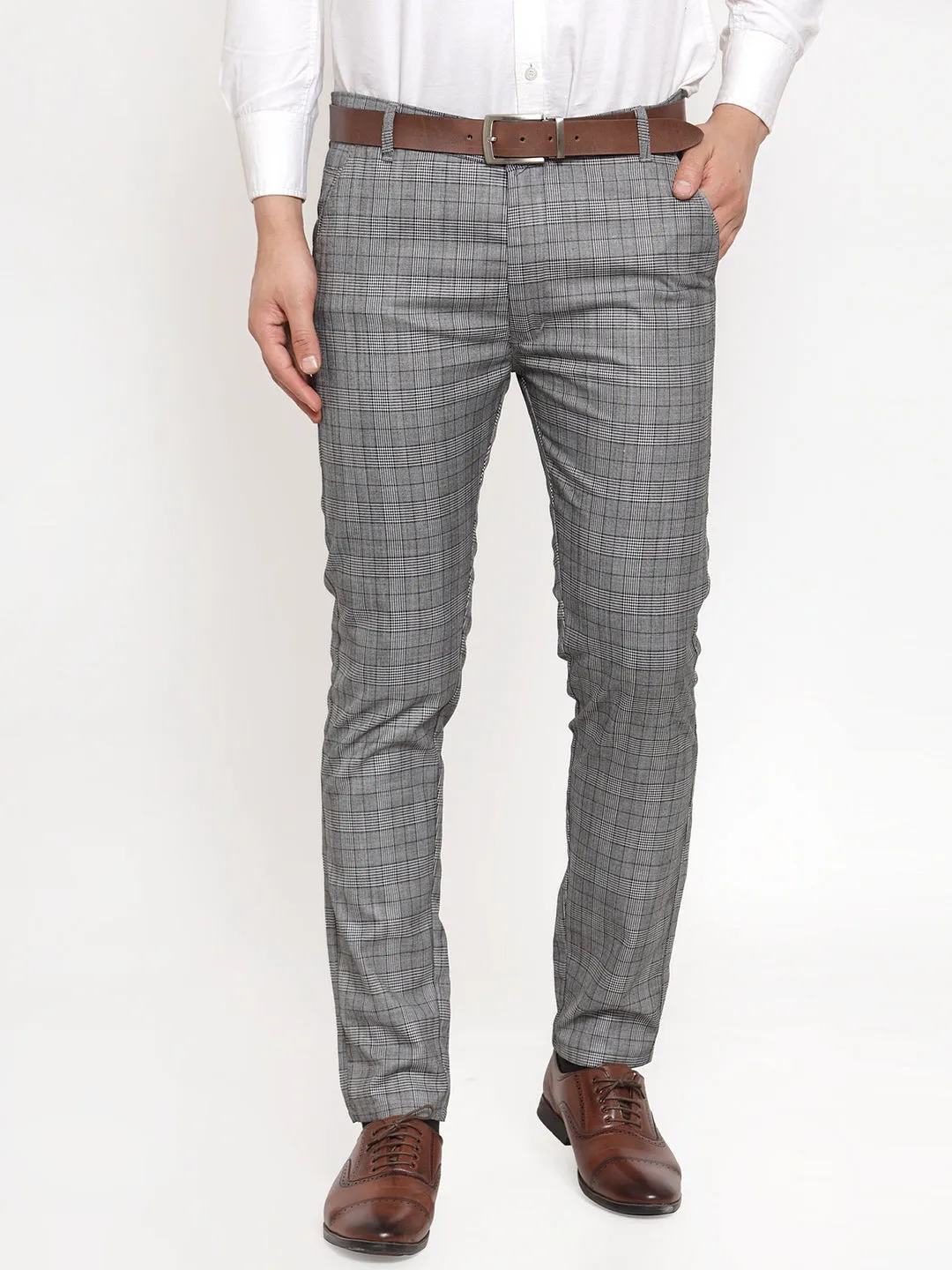 Men's Grey Checked Formal Trousers ( GP 254Light-Grey ) - Jainish